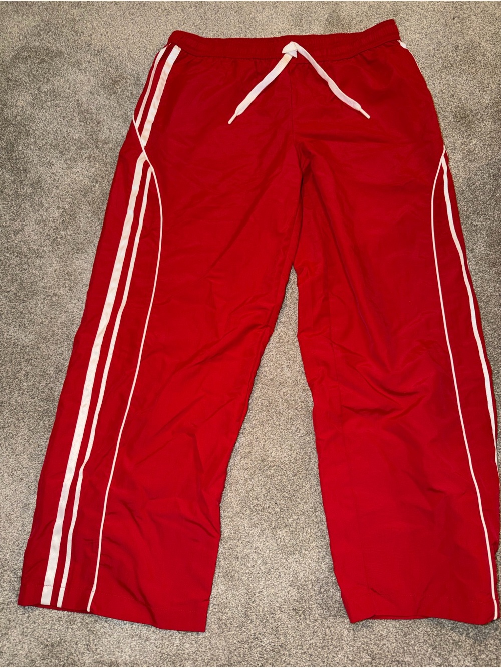 Red Track Pants with White Side Stripes